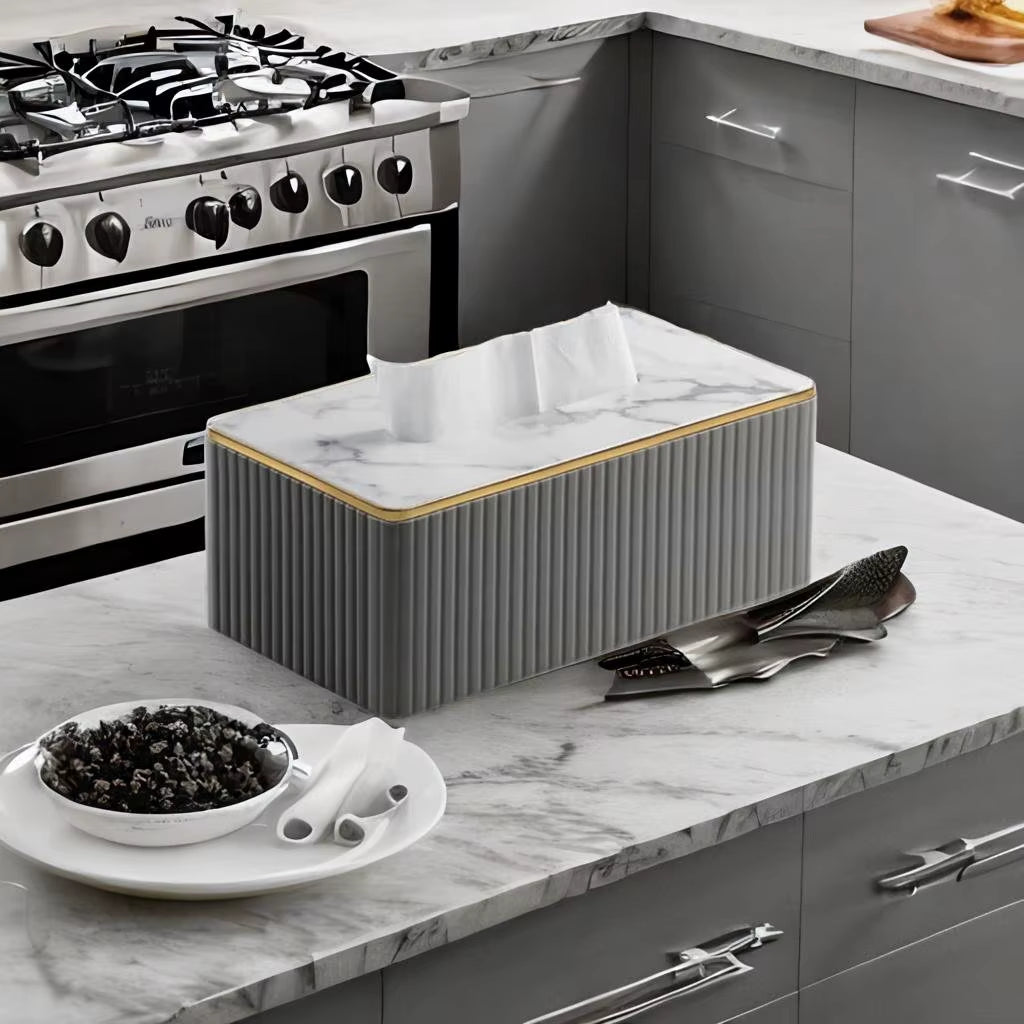 Luxury Kitchen Rectangular Black Gold Decoration Table Leather Fabric Tissue Box