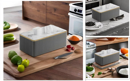 Luxury Kitchen Rectangular Black Gold Decoration Table Leather Fabric Tissue Box